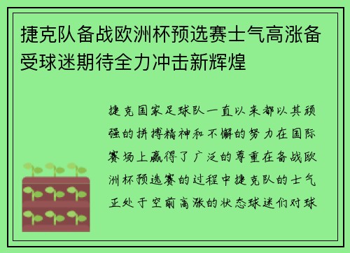 捷克队备战欧洲杯预选赛士气高涨备受球迷期待全力冲击新辉煌