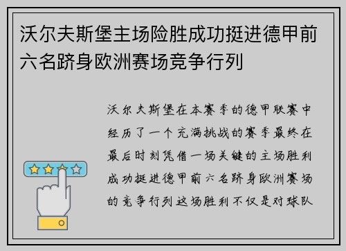 沃尔夫斯堡主场险胜成功挺进德甲前六名跻身欧洲赛场竞争行列