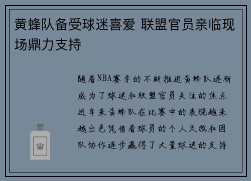黄蜂队备受球迷喜爱 联盟官员亲临现场鼎力支持