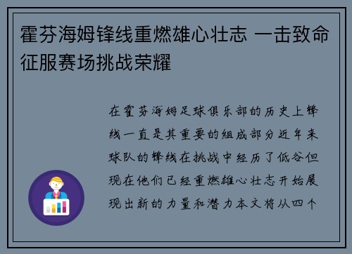 霍芬海姆锋线重燃雄心壮志 一击致命征服赛场挑战荣耀